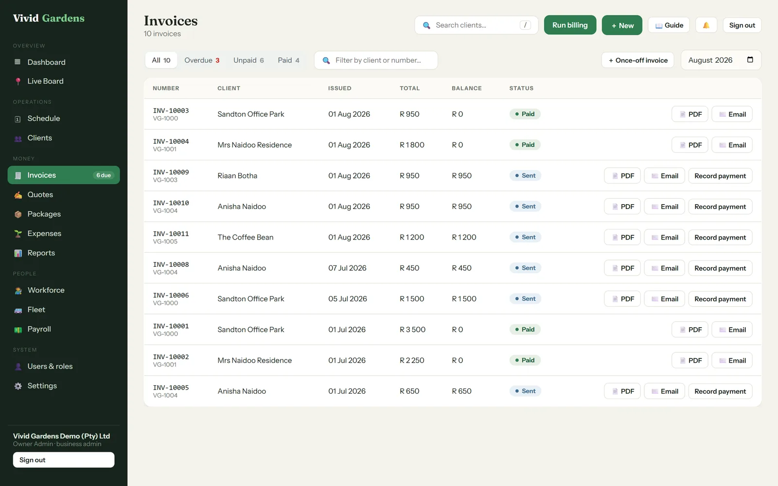 Vivid Gardens invoices