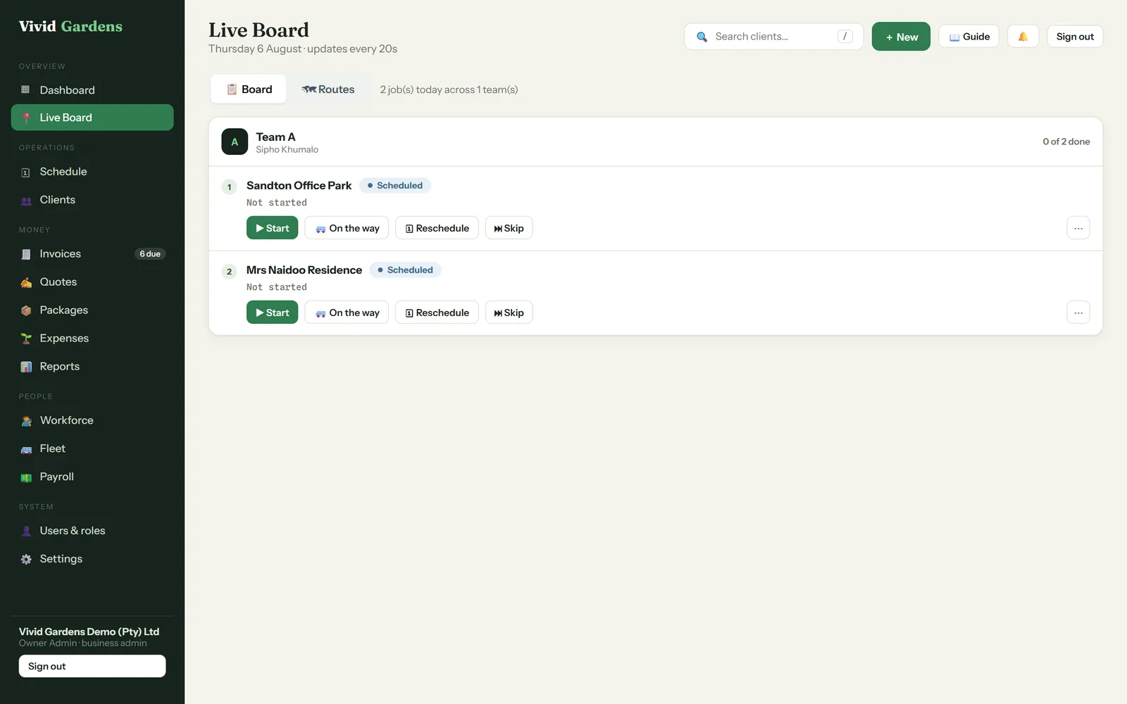 Vivid Gardens operations board