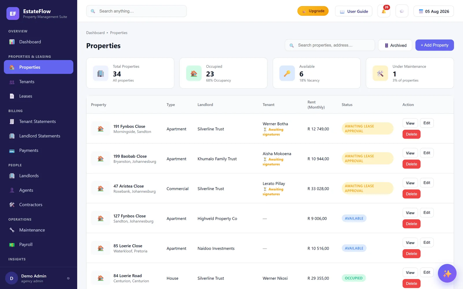 EstateFlow properties list